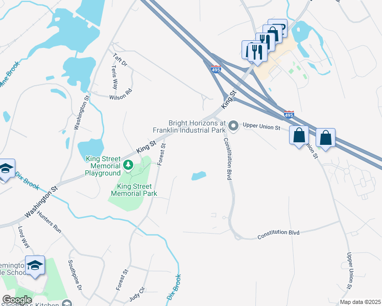 map of restaurants, bars, coffee shops, grocery stores, and more near 656 King Street in Franklin
