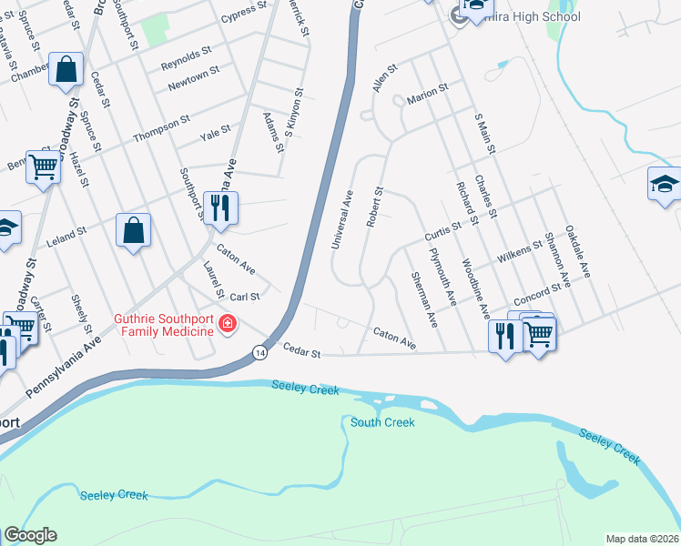 map of restaurants, bars, coffee shops, grocery stores, and more near 314 Universal Ave in Elmira