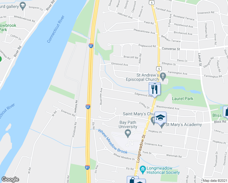 map of restaurants, bars, coffee shops, grocery stores, and more near 153 Edgewood Avenue in Longmeadow