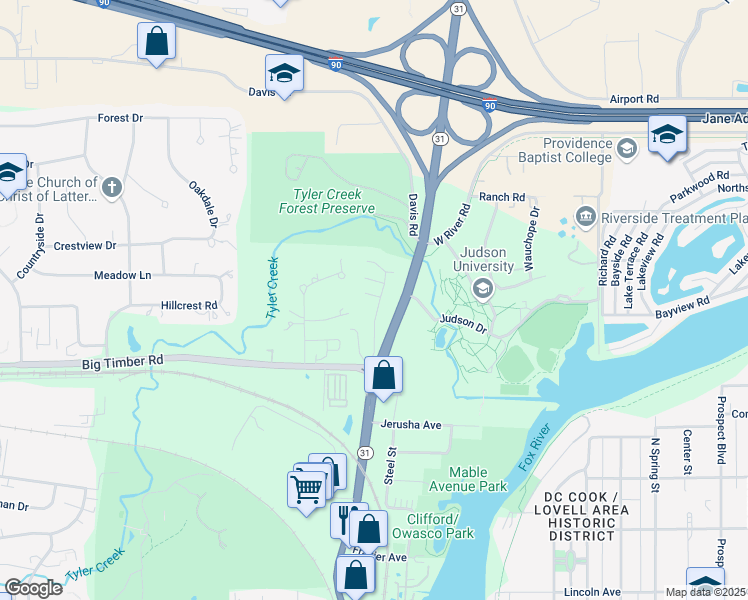 map of restaurants, bars, coffee shops, grocery stores, and more near 1098 Florimond Drive in Elgin