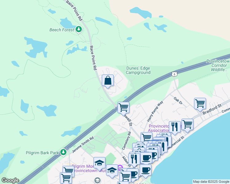 map of restaurants, bars, coffee shops, grocery stores, and more near 8 Stable Path in Provincetown