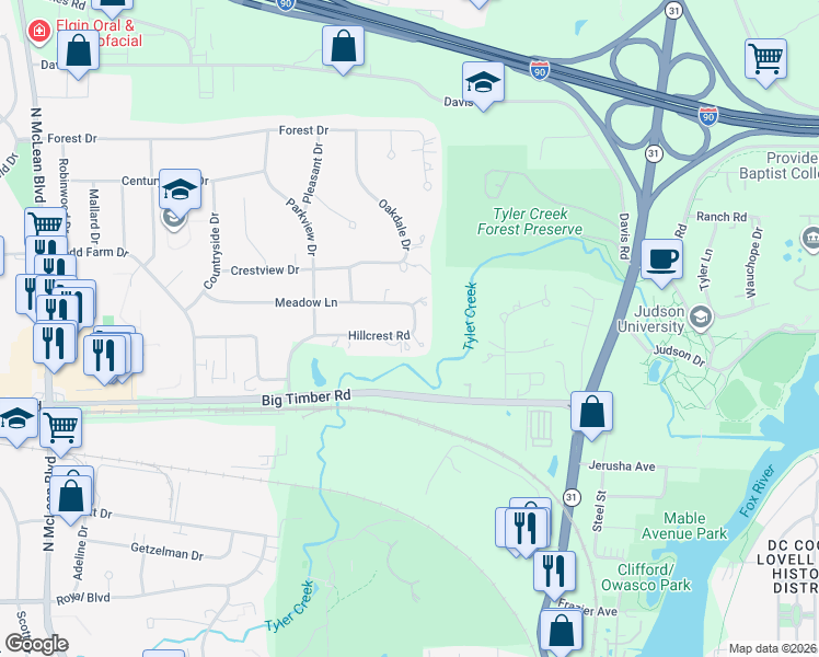map of restaurants, bars, coffee shops, grocery stores, and more near 959 Hillcrest Road in Elgin