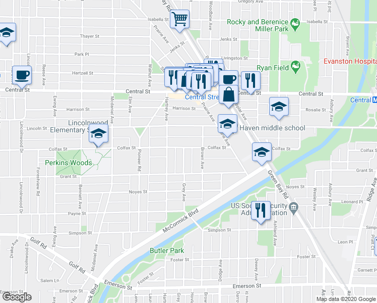 map of restaurants, bars, coffee shops, grocery stores, and more near 2316 Grey Avenue in Evanston