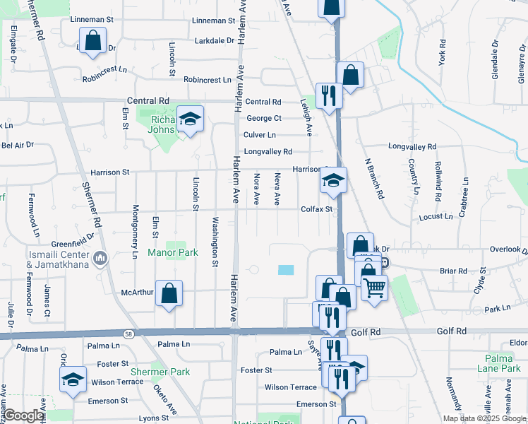 map of restaurants, bars, coffee shops, grocery stores, and more near 226 Neva Avenue in Glenview