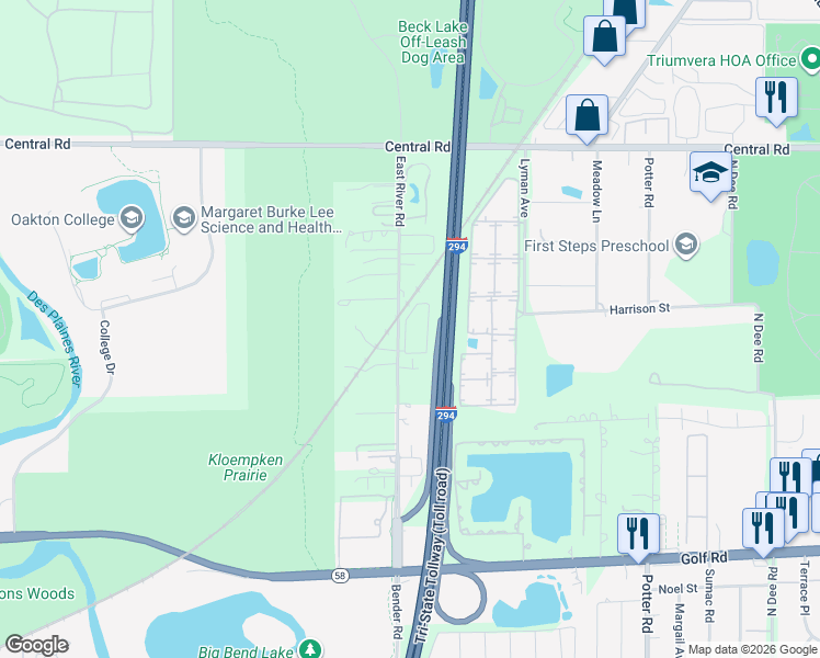 map of restaurants, bars, coffee shops, grocery stores, and more near 390 East River Road in Des Plaines