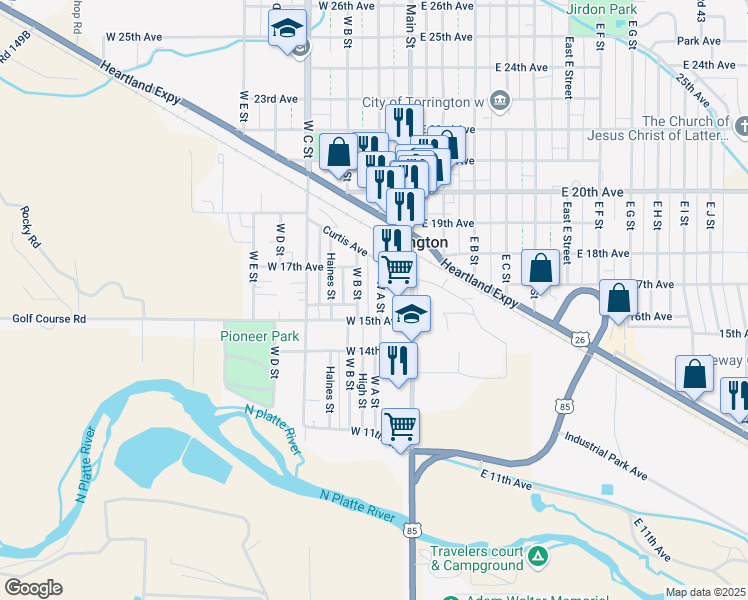 map of restaurants, bars, coffee shops, grocery stores, and more near 100 West 15th Avenue in Torrington