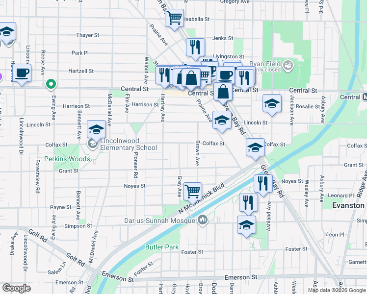 map of restaurants, bars, coffee shops, grocery stores, and more near 2022 Colfax Street in Evanston
