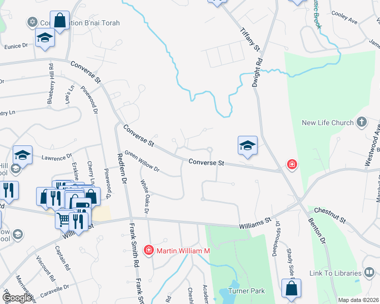 map of restaurants, bars, coffee shops, grocery stores, and more near 1031 Converse Street in Longmeadow