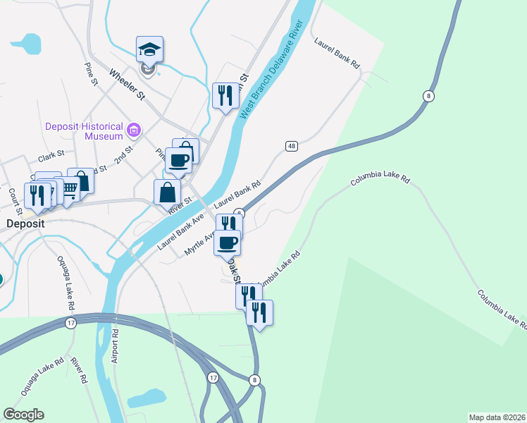 map of restaurants, bars, coffee shops, grocery stores, and more near 10 Maple Lane in Deposit