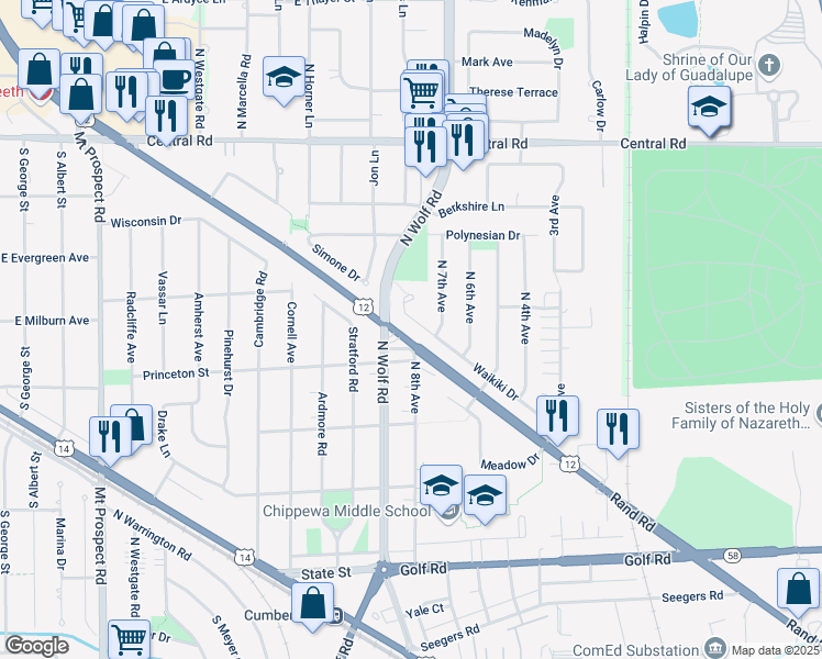 map of restaurants, bars, coffee shops, grocery stores, and more near 570 Princeton Street in Des Plaines