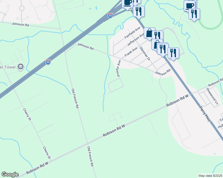 map of restaurants, bars, coffee shops, grocery stores, and more near 401 Melvin Rd in Erie