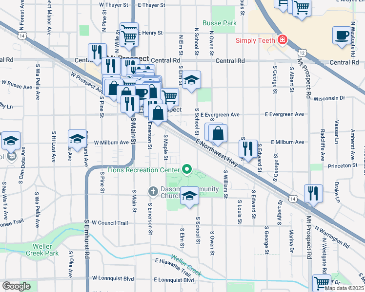 map of restaurants, bars, coffee shops, grocery stores, and more near 307 South Elm Street in Mount Prospect