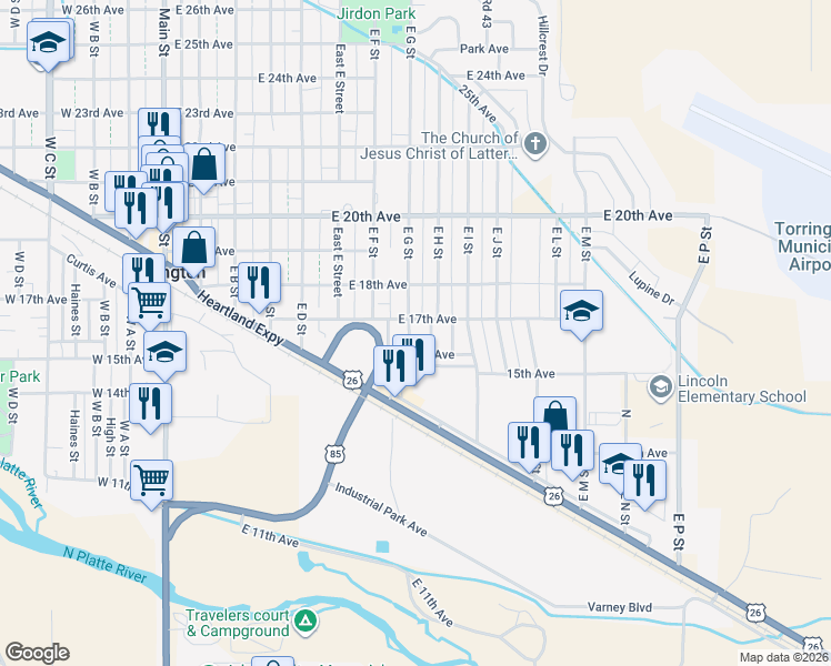 map of restaurants, bars, coffee shops, grocery stores, and more near 801-899 16th Avenue in Torrington
