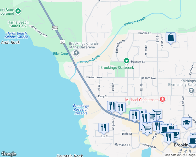 map of restaurants, bars, coffee shops, grocery stores, and more near 728 1st Street in Brookings