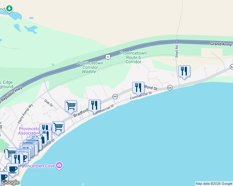 map of restaurants, bars, coffee shops, grocery stores, and more near 3 Conway Street in Provincetown