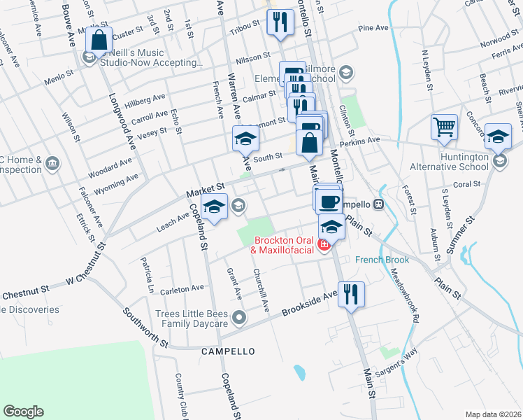 map of restaurants, bars, coffee shops, grocery stores, and more near 97 Keith Avenue in Brockton