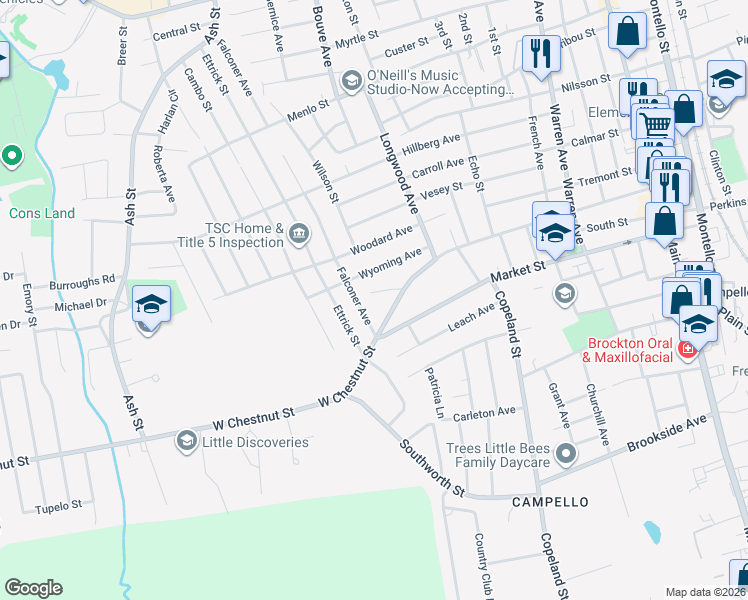 map of restaurants, bars, coffee shops, grocery stores, and more near 284 Falconer Avenue in Brockton