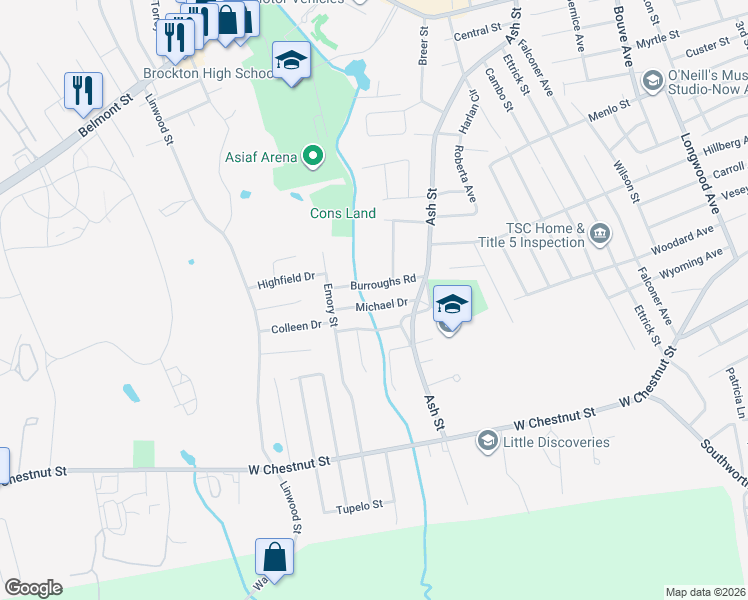 map of restaurants, bars, coffee shops, grocery stores, and more near 47 Partridge Drive in Brockton