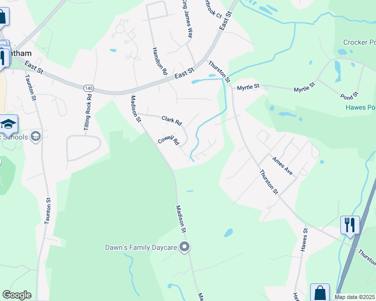 map of restaurants, bars, coffee shops, grocery stores, and more near 190 Cowell Road in Wrentham