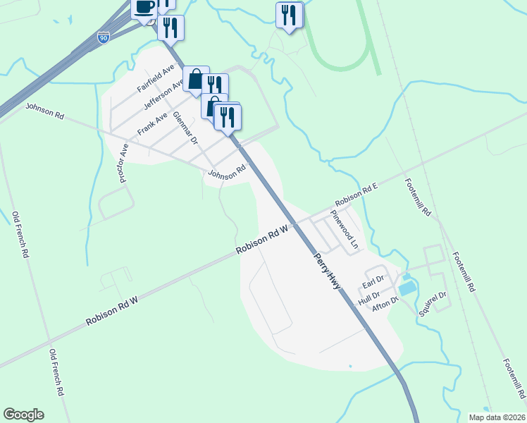 map of restaurants, bars, coffee shops, grocery stores, and more near 8380 Perry Highway in Erie