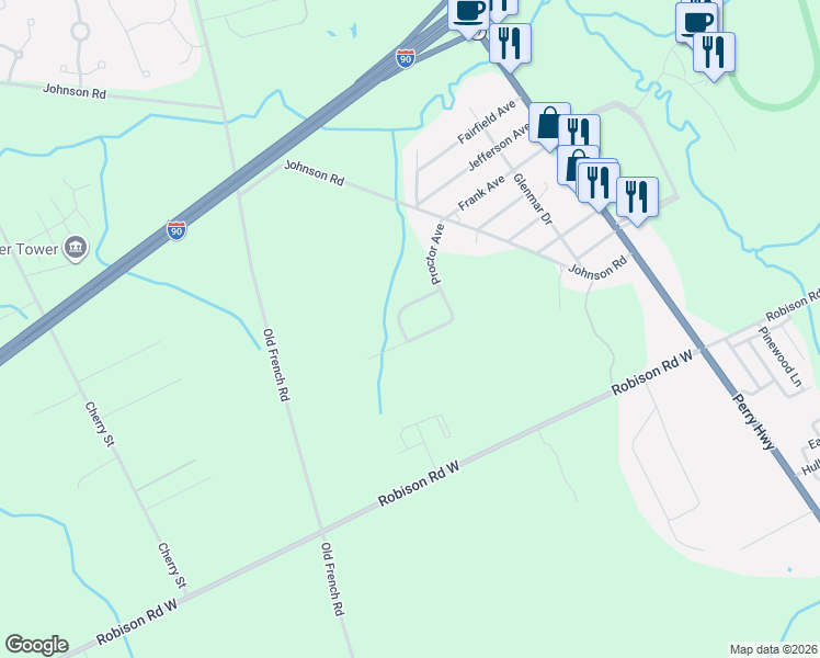 map of restaurants, bars, coffee shops, grocery stores, and more near 401 Melvin Rd in Erie