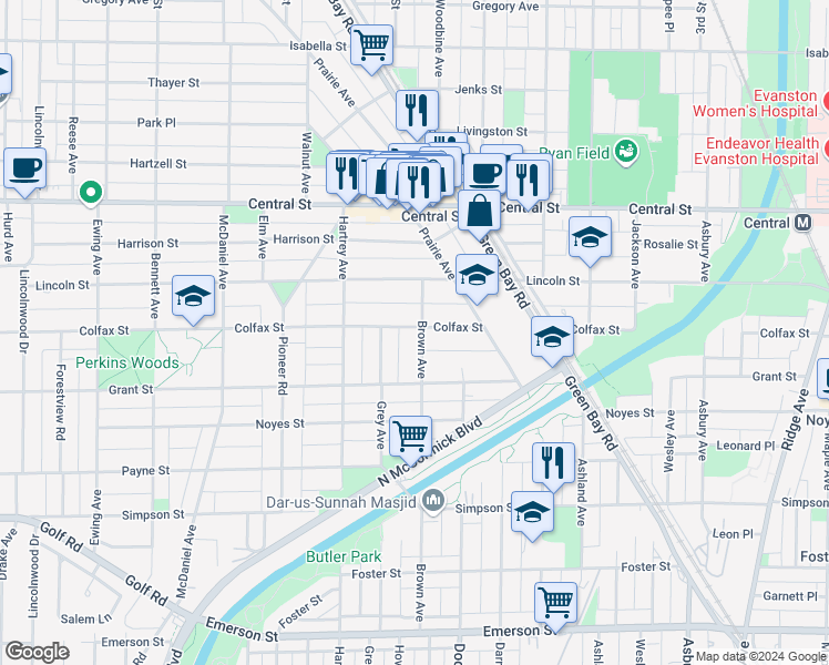 map of restaurants, bars, coffee shops, grocery stores, and more near 2314 Brown Avenue in Evanston