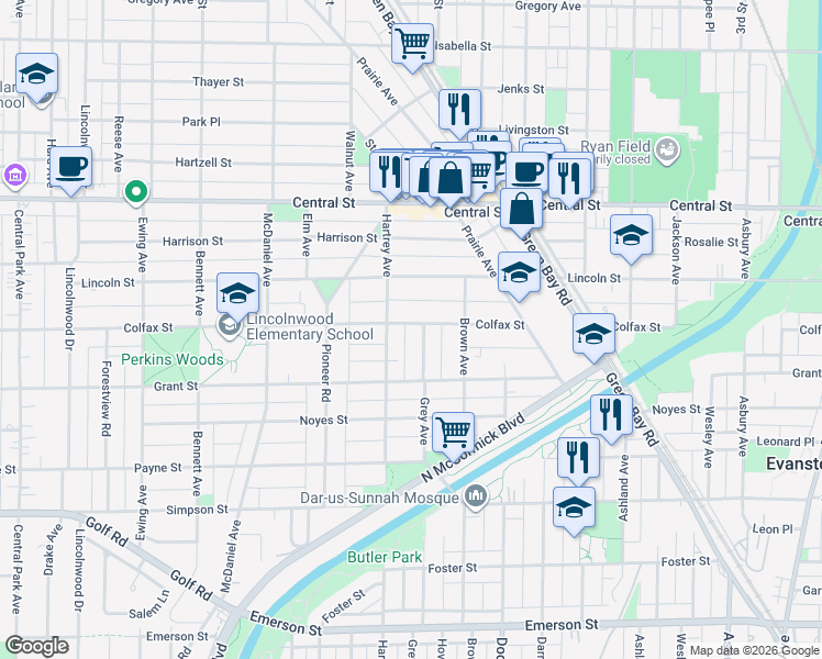 map of restaurants, bars, coffee shops, grocery stores, and more near 2316 Grey Avenue in Evanston