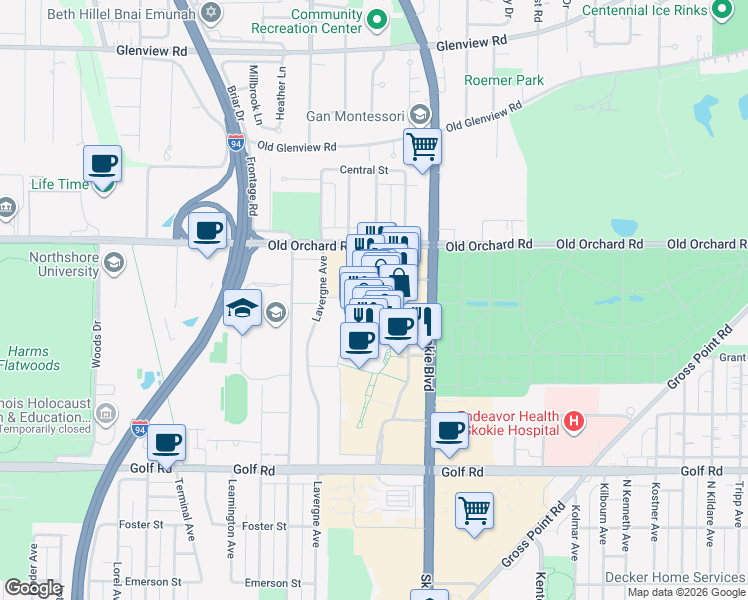 map of restaurants, bars, coffee shops, grocery stores, and more near 4999 Old Orchard Shop Center East Ring Road in Skokie