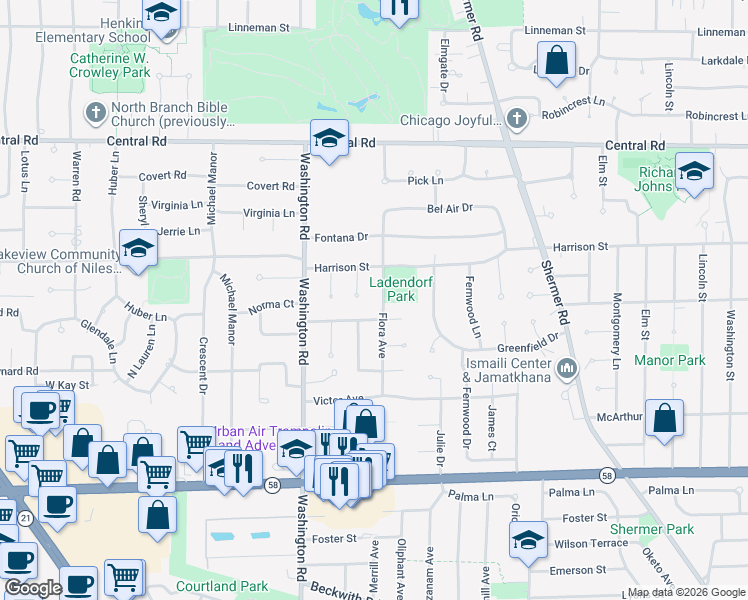 map of restaurants, bars, coffee shops, grocery stores, and more near 235 Flora Avenue in Glenview