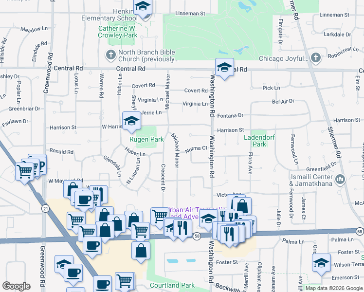 map of restaurants, bars, coffee shops, grocery stores, and more near 2821 Helen Drive in Glenview