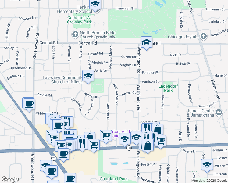 map of restaurants, bars, coffee shops, grocery stores, and more near 245 Crescent Drive in Glenview
