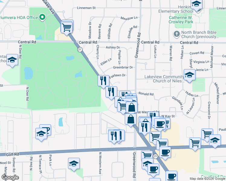 map of restaurants, bars, coffee shops, grocery stores, and more near 9801-9931 N Milwaukee Ave in Des Plaines