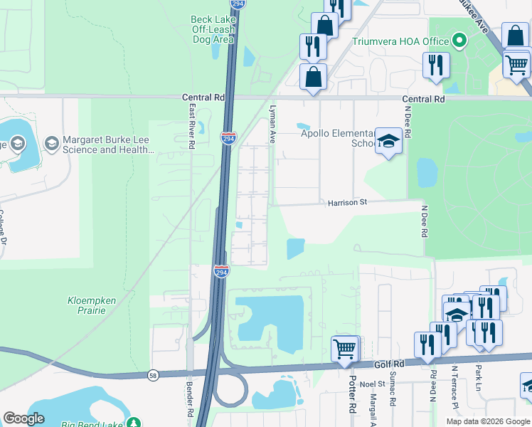 map of restaurants, bars, coffee shops, grocery stores, and more near 9990 Holly Lane in Des Plaines