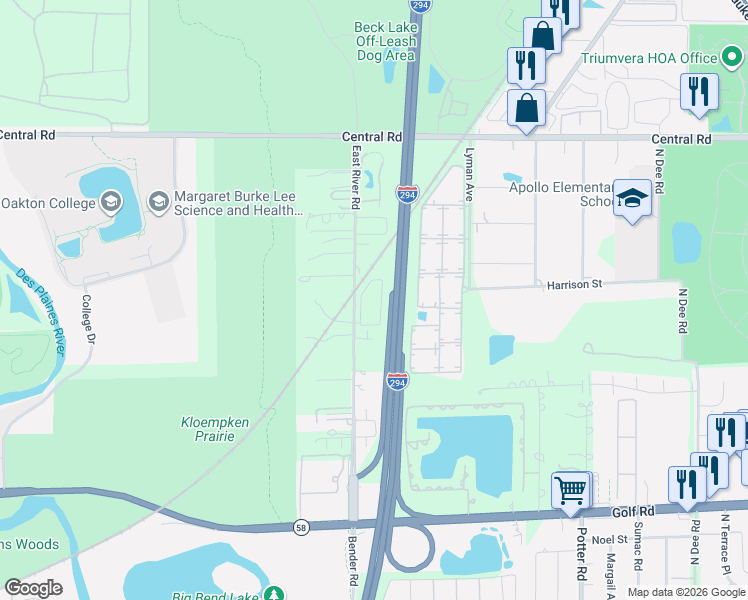 map of restaurants, bars, coffee shops, grocery stores, and more near 375 Oak Trails Road in Des Plaines