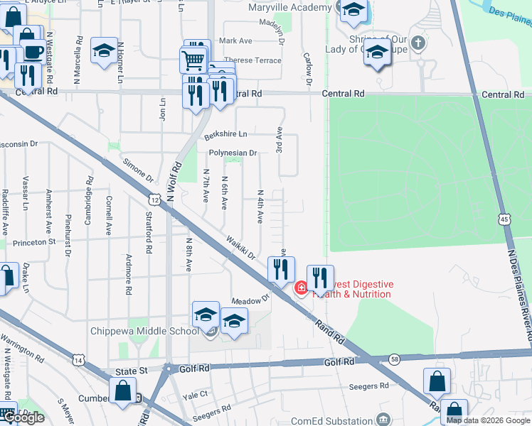 map of restaurants, bars, coffee shops, grocery stores, and more near 381 North 4th Avenue in Des Plaines