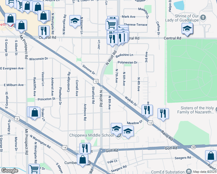 map of restaurants, bars, coffee shops, grocery stores, and more near 570 Princeton Street in Des Plaines