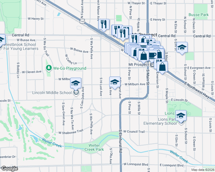map of restaurants, bars, coffee shops, grocery stores, and more near 311 South Hi Lusi Avenue in Mount Prospect