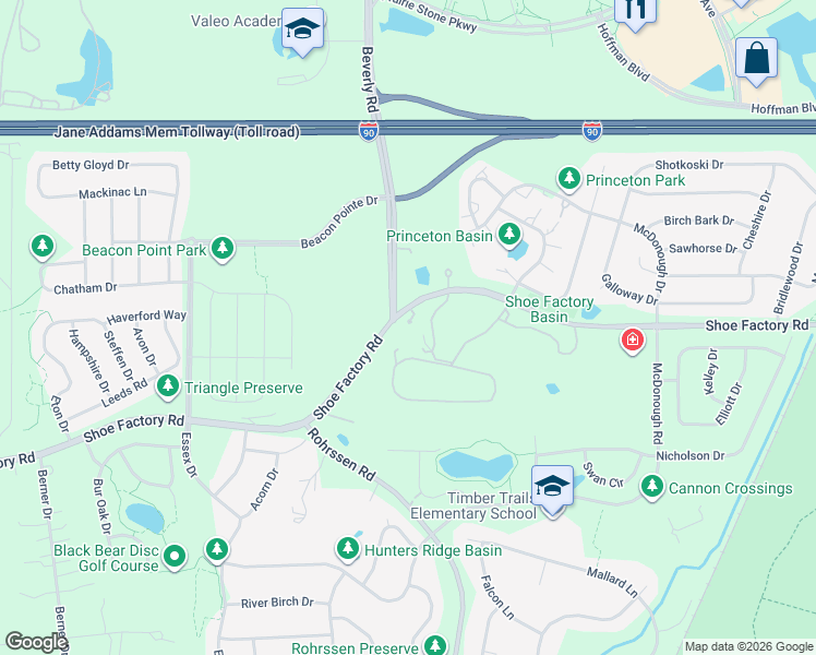 map of restaurants, bars, coffee shops, grocery stores, and more near 30W711 Shoe Factory Road in Elgin