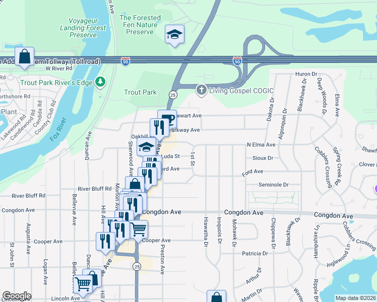 map of restaurants, bars, coffee shops, grocery stores, and more near 1198 1st Street in Elgin