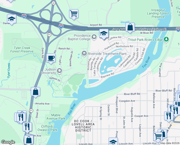map of restaurants, bars, coffee shops, grocery stores, and more near 301 Bayview Road in Elgin