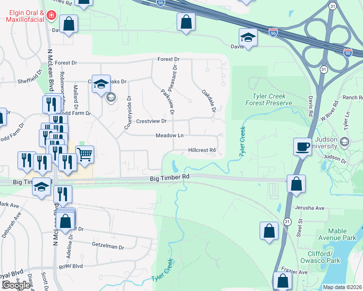 map of restaurants, bars, coffee shops, grocery stores, and more near 983 Hillcrest Road in Elgin