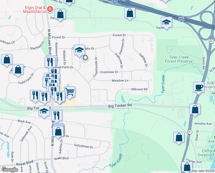 map of restaurants, bars, coffee shops, grocery stores, and more near 990 Hillcrest Road in Elgin