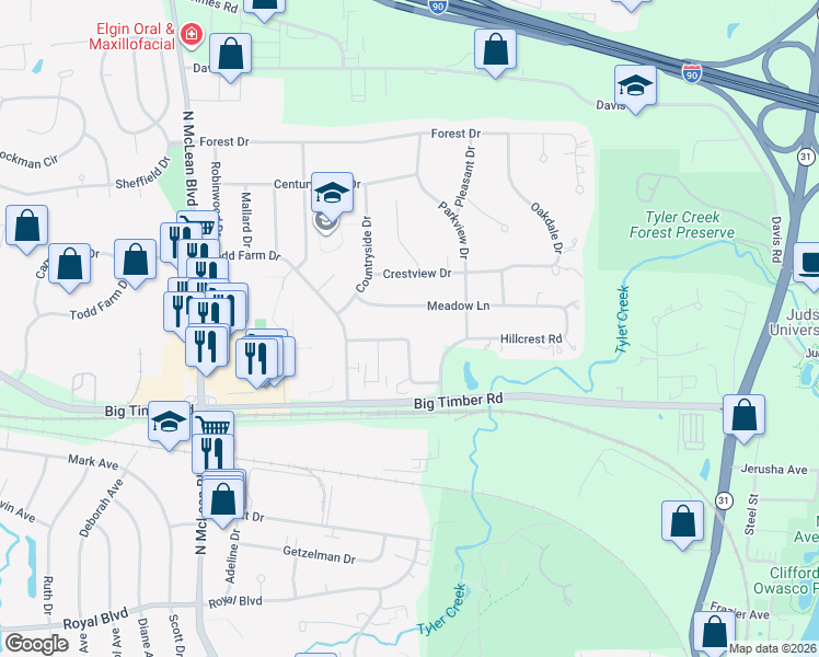 map of restaurants, bars, coffee shops, grocery stores, and more near 990 Hillcrest Road in Elgin