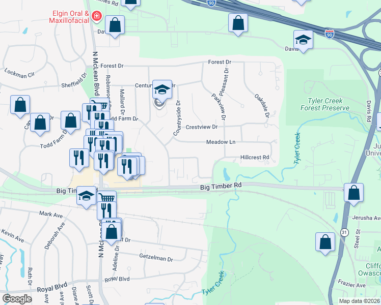map of restaurants, bars, coffee shops, grocery stores, and more near 1219 Fairwood Court in Elgin