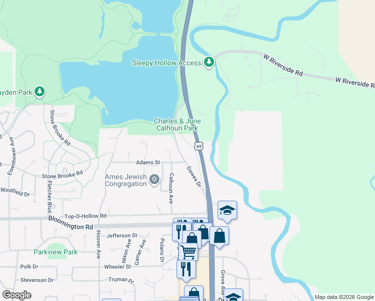 map of restaurants, bars, coffee shops, grocery stores, and more near 4006 Dawes Drive in Ames