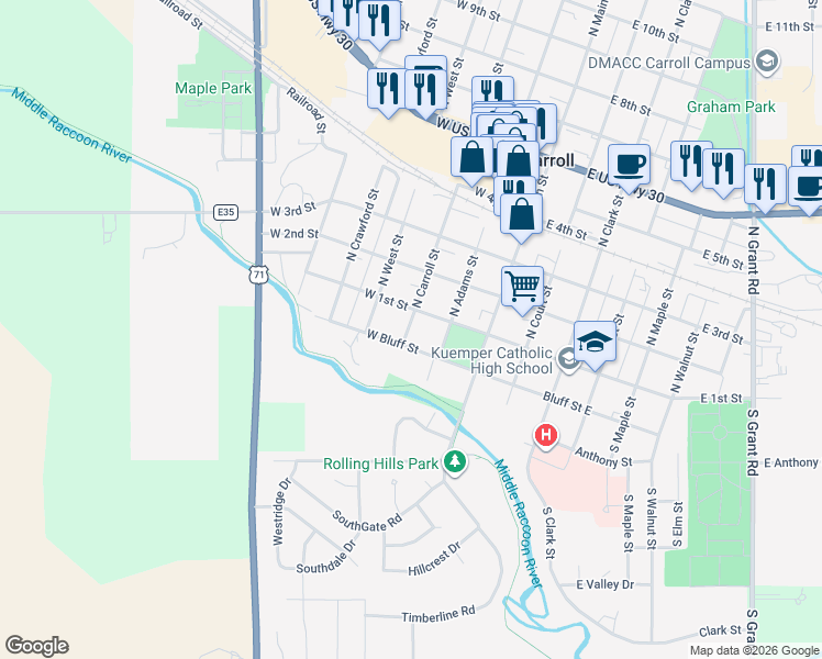 map of restaurants, bars, coffee shops, grocery stores, and more near 210 West Bluff Street in Carroll