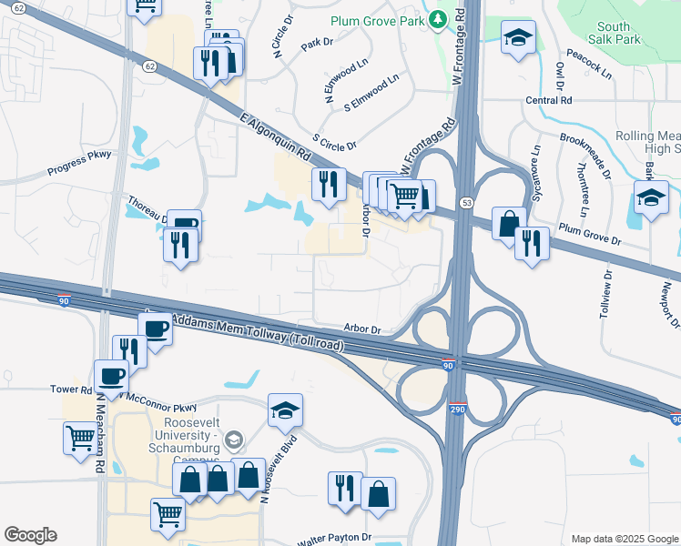 map of restaurants, bars, coffee shops, grocery stores, and more near 4710 Arbor Drive in Rolling Meadows
