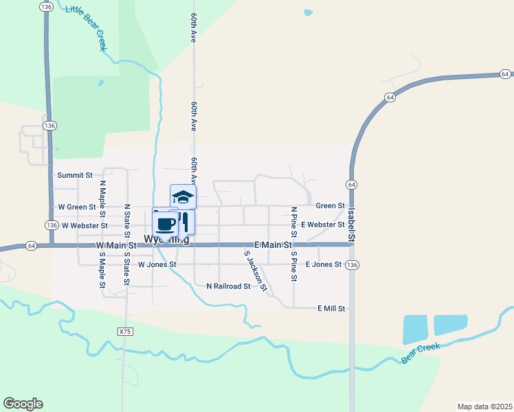 map of restaurants, bars, coffee shops, grocery stores, and more near 309 Green Street in Wyoming