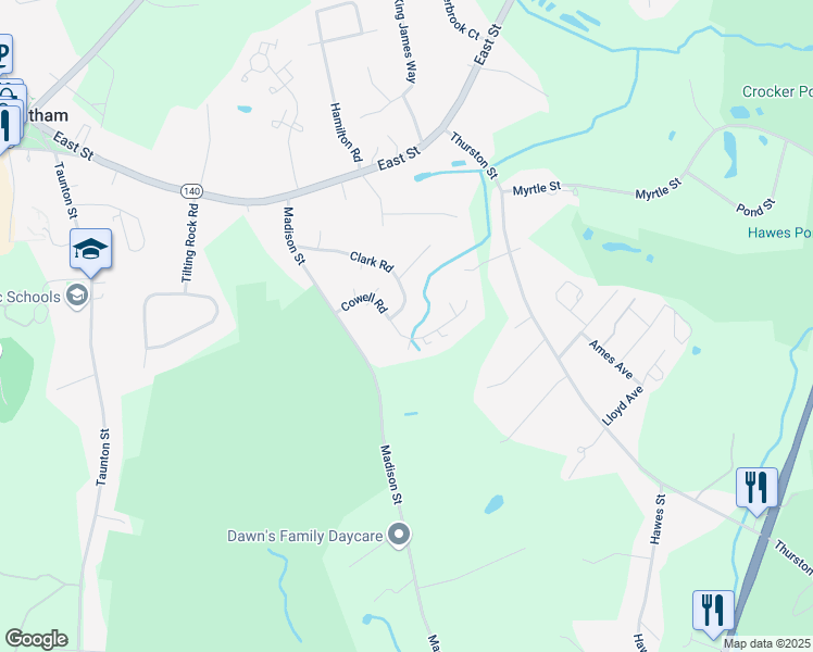 map of restaurants, bars, coffee shops, grocery stores, and more near 190 Cowell Road in Wrentham