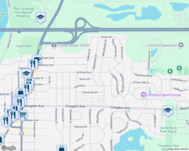 map of restaurants, bars, coffee shops, grocery stores, and more near 1229 Algonquin Drive in Elgin